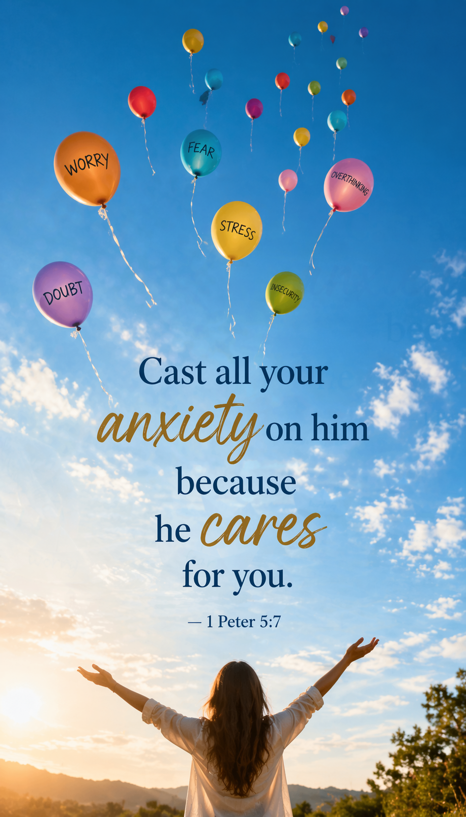1 Peter 5:7 Bible verse wallpaper - Cast all your anxiety on him - woman releasing balloons labeled worry fear stress doubt into sunset sky